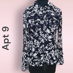 𝅺apt 9 Sheer Button-Down Dark Floral Blouse black white PM Petite Medium